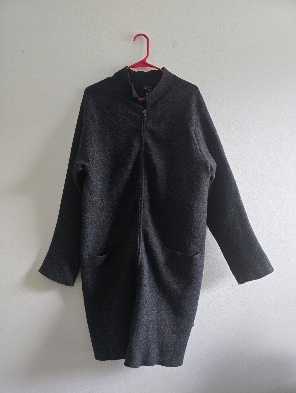 EILEEN FISHER Boiled Wool Full-Zip Stand Collar Long Coat Cardigan Jacket Gray - Picture 3 of 13